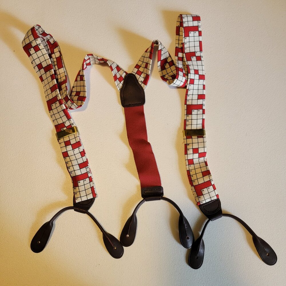 Vintage Portfolio Perry Ellis Silk Suspenders Red White Crossword Brass Leather